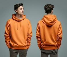 Front and back view of an orange color hoodie mockup for design print. ai generated photo