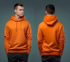 Front and back view of an orange color hoodie mockup for design print. ai generated photo