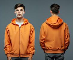 Front and back view of an orange color hoodie mockup for design print. ai generated photo