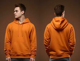 Front and back view of an orange color hoodie mockup for design print. ai generated photo