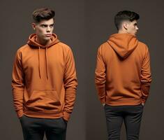 Front and back view of an orange color hoodie mockup for design print. ai generated photo