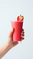 Hand holds a glass of fresh strawberry smoothie. Summer drink milkshake and refreshment organic concept. ai generated photo