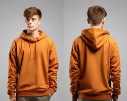 Front and back view of an orange color hoodie mockup for design print. ai generated photo