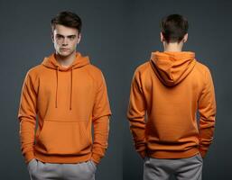 Front and back view of an orange color hoodie mockup for design print. ai generated photo