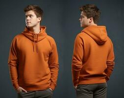 Front and back view of an orange color hoodie mockup for design print. ai generated photo