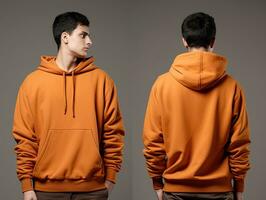 Front and back view of an orange color hoodie mockup for design print. ai generated photo