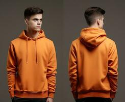 Front and back view of an orange color hoodie mockup for design print. ai generated photo