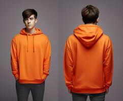 Front and back view of an orange color hoodie mockup for design print. ai generated photo