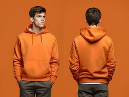 Front and back view of an orange color hoodie mockup for design print. ai generated photo