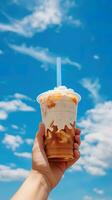 mano participación con hielo café en un el plastico taza con un azul cielo y nube antecedentes. ai generado foto