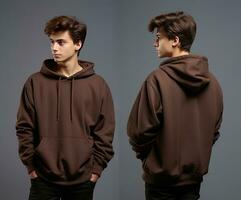 Front and back view of a brown hoodie mockup for design print. ai generated photo