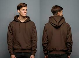 Front and back view of a brown hoodie mockup for design print. ai generated photo