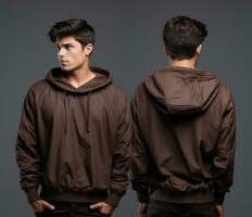 Front and back view of a brown hoodie mockup for design print. ai generated photo