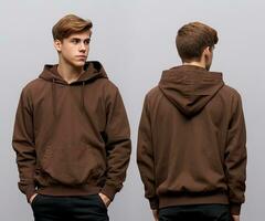 Front and back view of a brown hoodie mockup for design print. ai generated photo