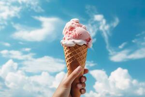 Hand holding strawberry ice cream with cone isolated on a blue sky and cloud background. ai generated photo