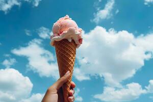 Hand holding strawberry ice cream with cone isolated on a blue sky and cloud background. ai generated photo