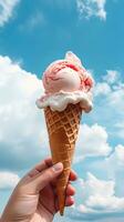 Hand holding strawberry ice cream with cone isolated on a blue sky and cloud background. ai generated photo