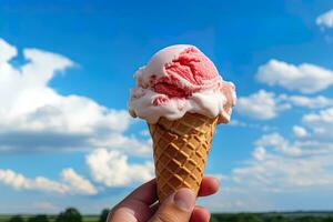 Hand holding strawberry ice cream with cone isolated on a blue sky and cloud background. ai generated photo