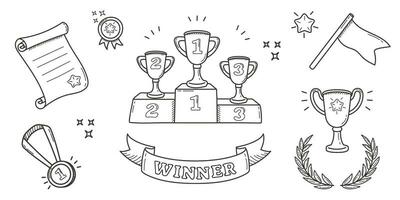 Set of awards in doodle style. Hand drawn winner cups and medals. Linear vector illustrations of prizes and success items