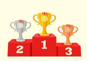 Award ceremony podium. Gold, silver and bronze cups with medals. Competition trophies vector illustration