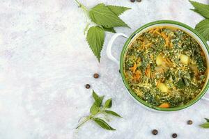 Seasonal fresh nettle soup, space for text. photo