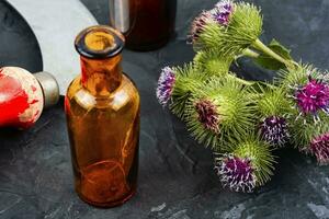 Prickly heads of burdock flowers photo