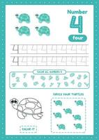 Educational worksheet with many exercises for preschool kids. Trace, color, count on one a4 page. Learn number 4. vector