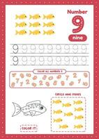 Educational sheet with many exercises for preschool kids. Trace, color, count fishes on one a4 size page. Learn number 9. vector