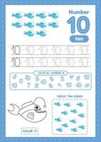 Many games on one page for kids education. Color page, count fishes, trace number. Worksheets for preschool children. Learnnumber 10 vector