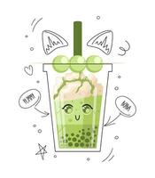 Matcha bubble tea, pearl milk tea, boba, Taiwans drink. Dango balls on a stick. chewy tapioca balls grass jelly. Whipped cream, berry topping. Cute doodle illustration. For menu, cafe, flyer, banner vector