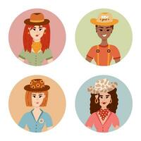 Hand drawn set with round avatars of cowgirl wearing hat, bandana, t-shirt and star earrings. Cute portrait of cow girl or Wild west theme. Vector western female character for print design, poster.