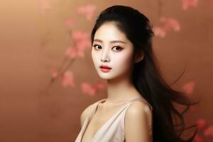 Graceful charm of a young Asian woman in natural make up. AI generated photo