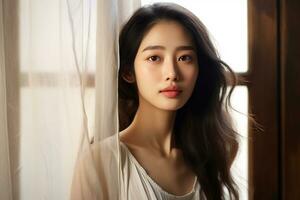 Graceful charm of a young Asian woman in natural make up. AI generated photo