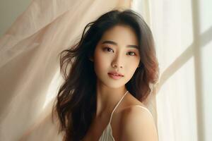 Graceful charm of a young Asian woman in natural make up. AI generated photo