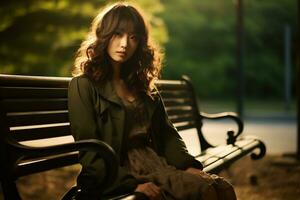 un hermosa asiático mujer se sienta en un parque banco en el tarde tarde foto