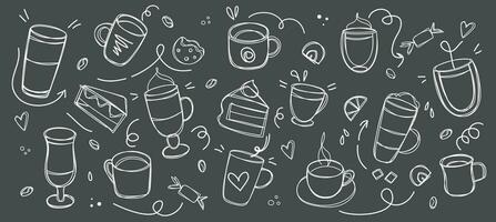 Coffee and desserts in doodle style drawn with chalk on a black board. Sketch of different cups of coffee and cappuccino. Banner Art background for cafe shop, card, banner etc. vector