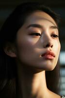 AI Generative close up shot of beauty asian face with good aesthetic morning light photo