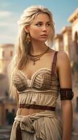 Beautiful blonde woman in ancient place. Generative AI photo