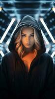 Young girl wearing black hoodie with cyberpunk style. Generative AI photo