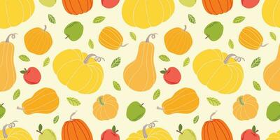 Autumn seamless patterns. Pattern with apples and pumpkins. Colorful harvesting seamless pattern. Pumpkin harvest illustration. Used for paper, cover, gift wrap, fabric. Vector illustration