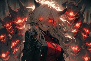 AI Generative Beautiful demon with the eyes lights up in anime style photo