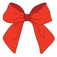 Vector bow Illustration. Isolated long red ribbon and big bow with two tails. Colorful satin stretching line. Holiday concept. New Year, Christmas banner. Cartoon style. Front view. Flat design.