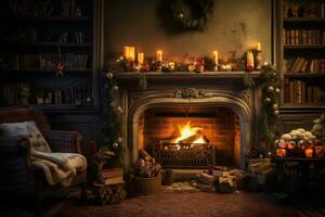 AI Generative cozy living room filled with glowing candles and a crackling fireplace photo