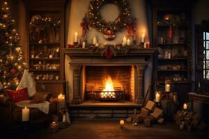 AI Generative cozy living room filled with glowing candles and a crackling fireplace photo