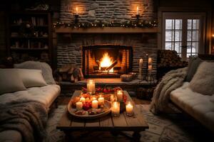 AI Generative cozy living room filled with glowing candles and a crackling fireplace photo