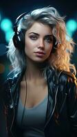 Beautiful girl wearing headset. Generative AI photo