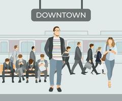 personas a tren estación en céntrico vector