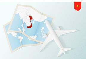 Travel to Vietnam, top view airplane with map and flag of Vietnam. vector