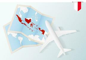 viaje a Indonesia, parte superior ver avión con mapa y bandera de Indonesia. vector