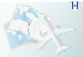 Travel to Israel, top view airplane with map and flag of Israel. vector